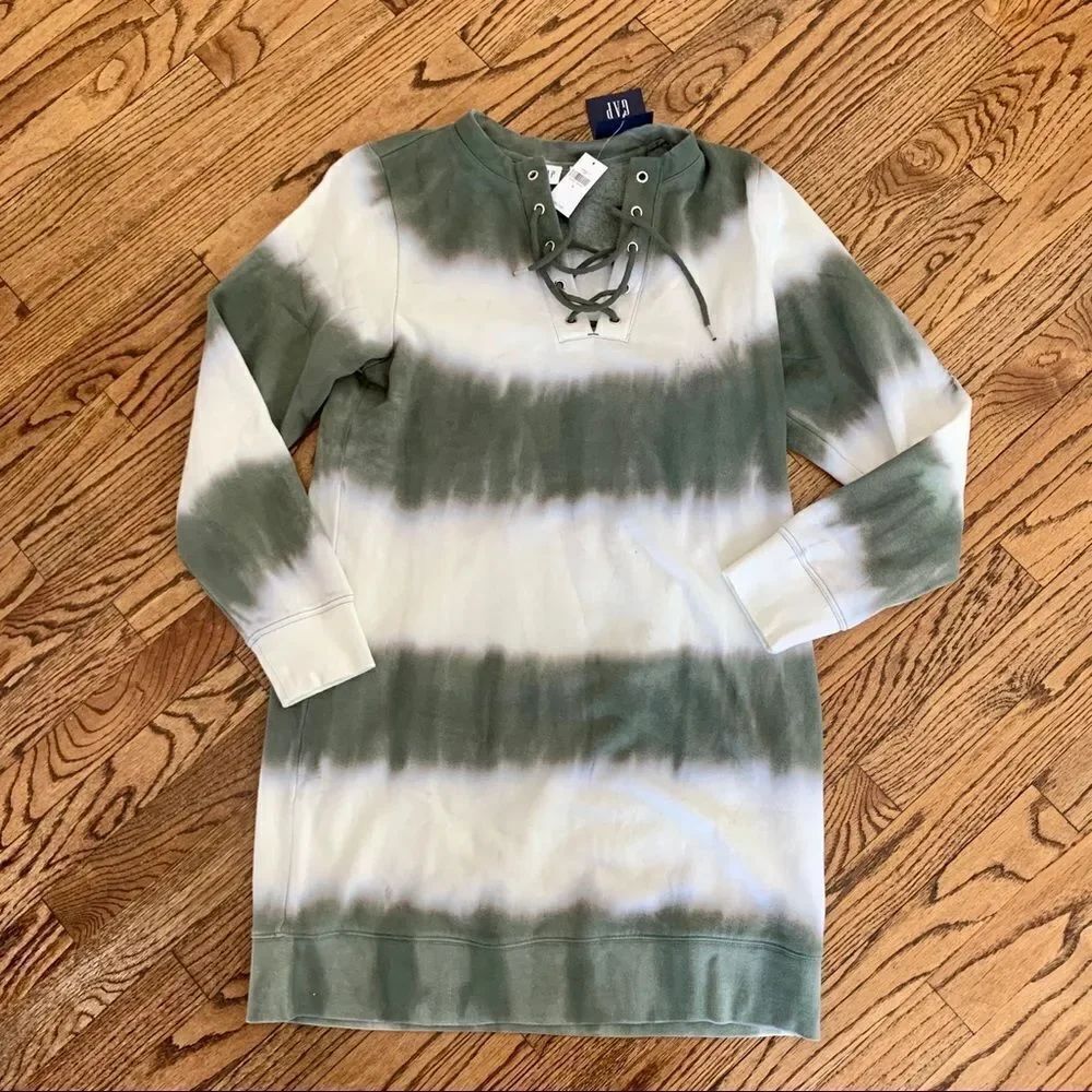 NWT New GAP Olive Green White Tye Dye Stripes Tunic Sweatshirt Lace Up Dress S